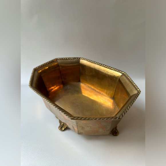 Solid Heavy Brass Octagon Footed Planter Bowl 3.5” Tall, 8” Length, 5.5” Wide - Picture 3 of 7